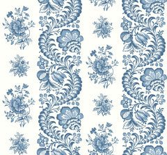 The Beaumont Floral Stripe Wallpaper by York Wallcoverings features an intricate and symmetrical blue floral pattern on a white background, with vertical stripes created by ornate, curling flowers and leaves that alternate with delicate floral bouquets.