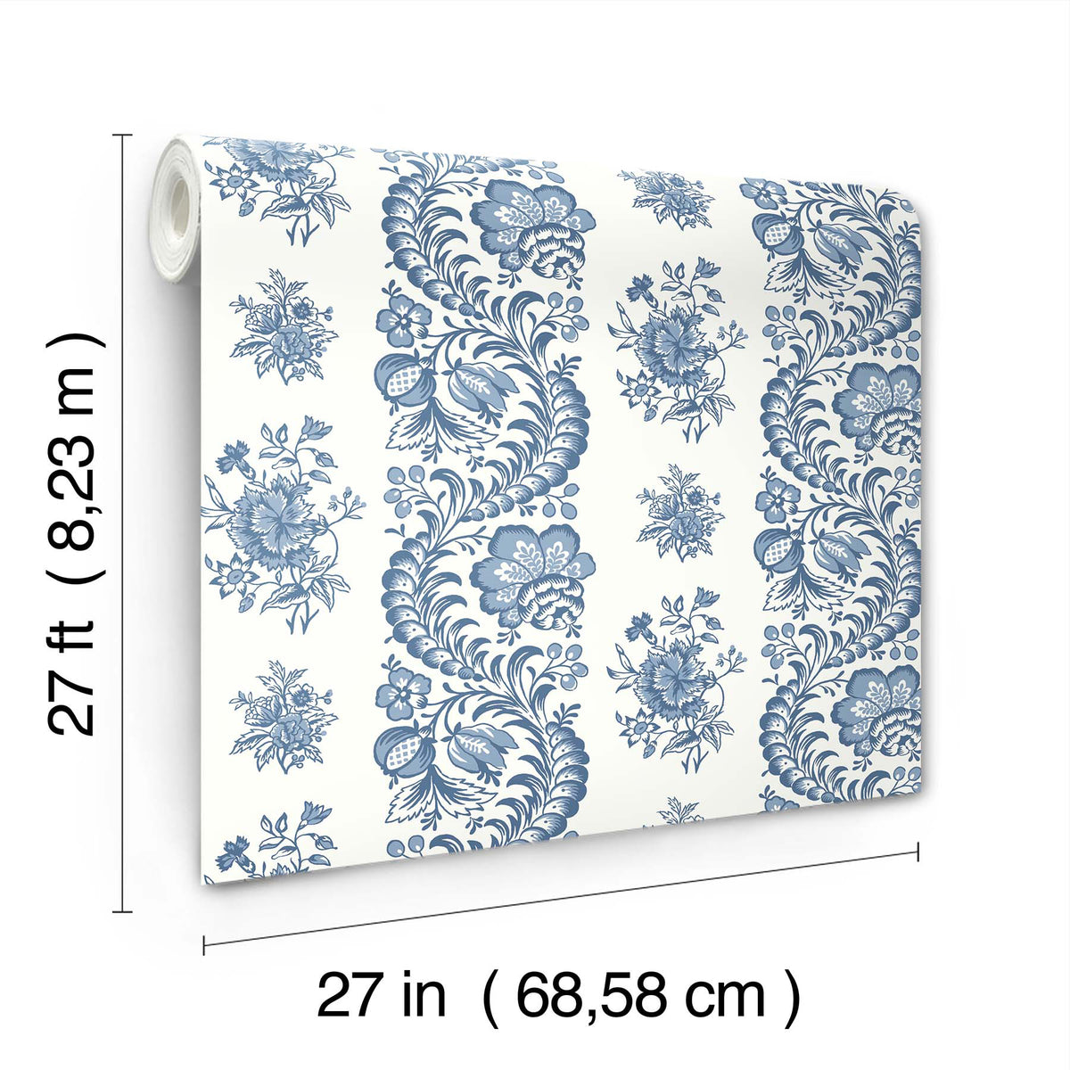 The Beaumont Floral Stripe Wallpaper by York Wallcoverings features blue floral patterns on a white background and comes in a roll measuring 27 feet (8.23 m) long and 27 inches (68.58 cm) wide.