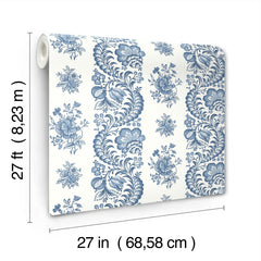 The Beaumont Floral Stripe Wallpaper by York Wallcoverings features blue floral patterns on a white background and comes in a roll measuring 27 feet (8.23 m) long and 27 inches (68.58 cm) wide.