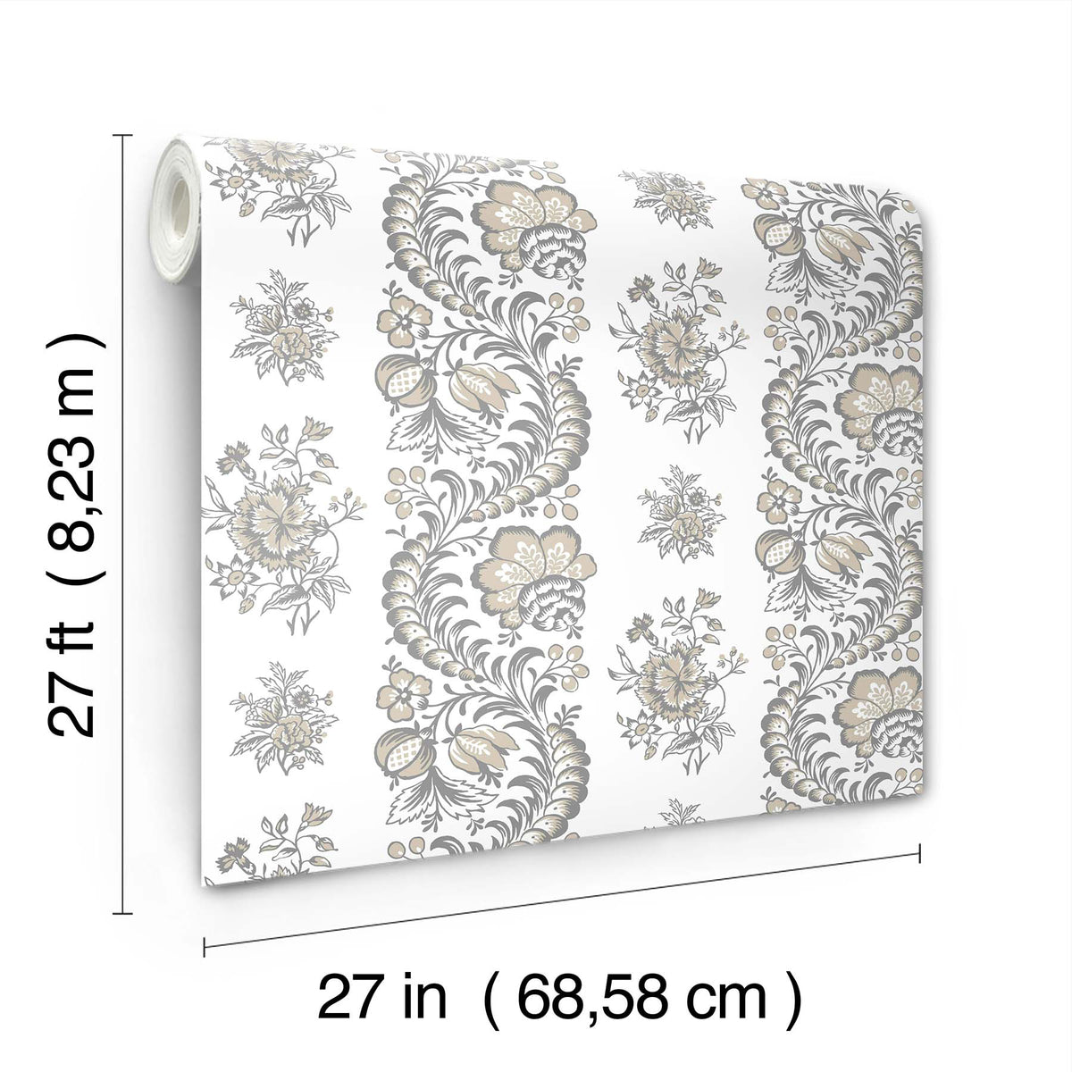 The image features the Beaumont Floral Stripe Wallpaper by York Wallcoverings, displaying beige and gray floral patterns. The dimensions are labeled as 27 inches wide by 27 feet long (68.58 cm by 8.23 m).