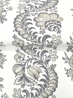 The Beaumont Floral Stripe Wallpaper by York Wallcoverings showcases an elegant combination of gray and beige floral patterns, featuring vintage-inspired flowers, leaves, and berries gracefully arranged on a crisp white background. This timeless design offers a classic and sophisticated look.