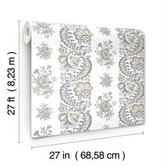 Beaumont Floral Stripe Wallpaper by York Wallcoverings features beige and gray floral patterns on a white background. Each roll measures 27 feet (8.23 m) in length and 27 inches (68.58 cm) in width.