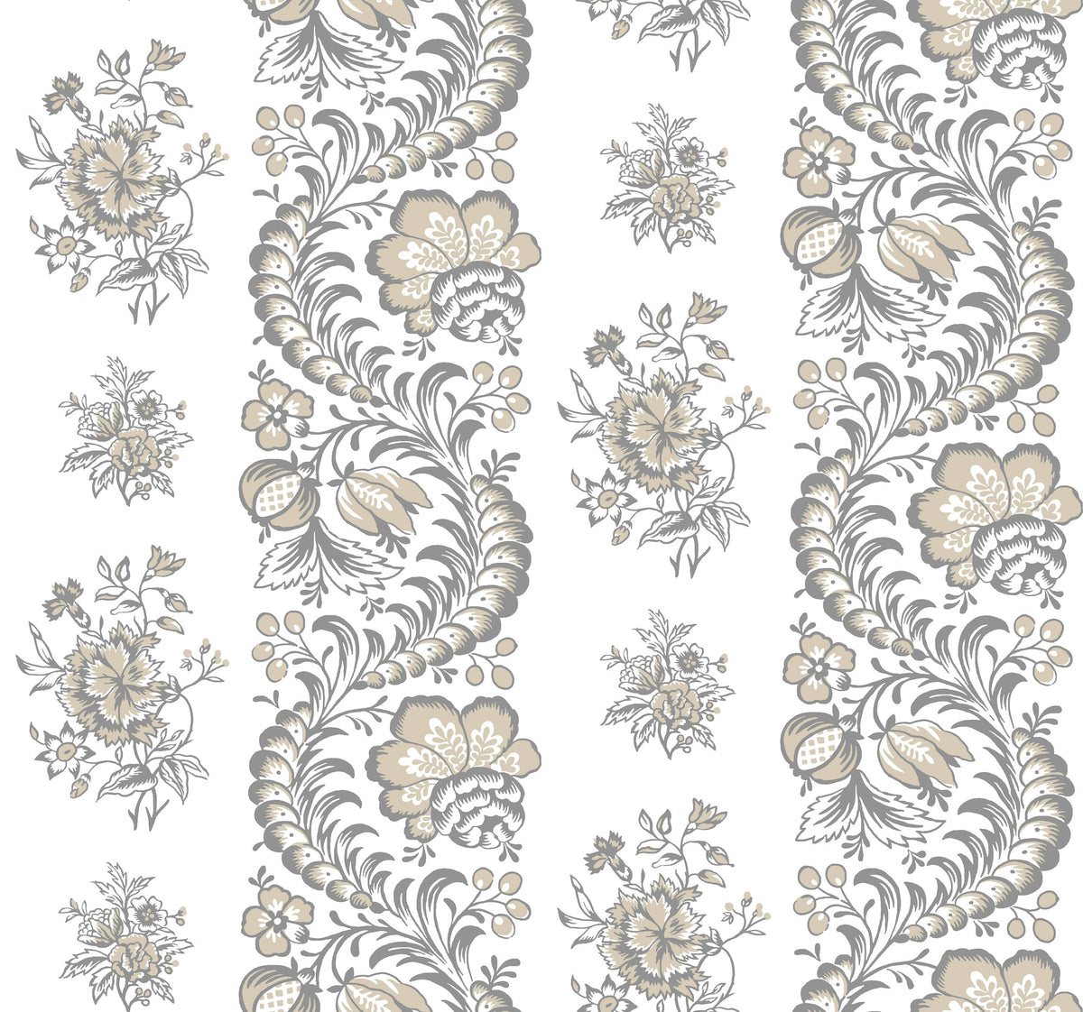 Beaumont Floral Stripe Wallpaper by York Wallcoverings features an elegant seamless pattern with ornate, swirling floral designs in shades of gray and beige, displaying clusters of flowers, leaves, and berries on a crisp white background.