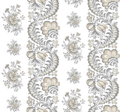 Beaumont Floral Stripe Wallpaper by York Wallcoverings features an elegant seamless pattern with ornate, swirling floral designs in shades of gray and beige, displaying clusters of flowers, leaves, and berries on a crisp white background.