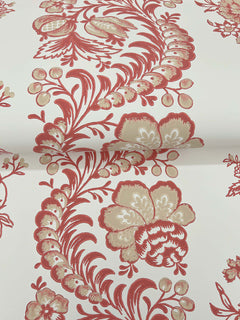 The Beaumont Floral Stripe Wallpaper by York Wallcoverings features a decorative floral pattern in red and beige hues on a white background, showcasing stylized flowers and leaves arranged in vertical, curving rows.