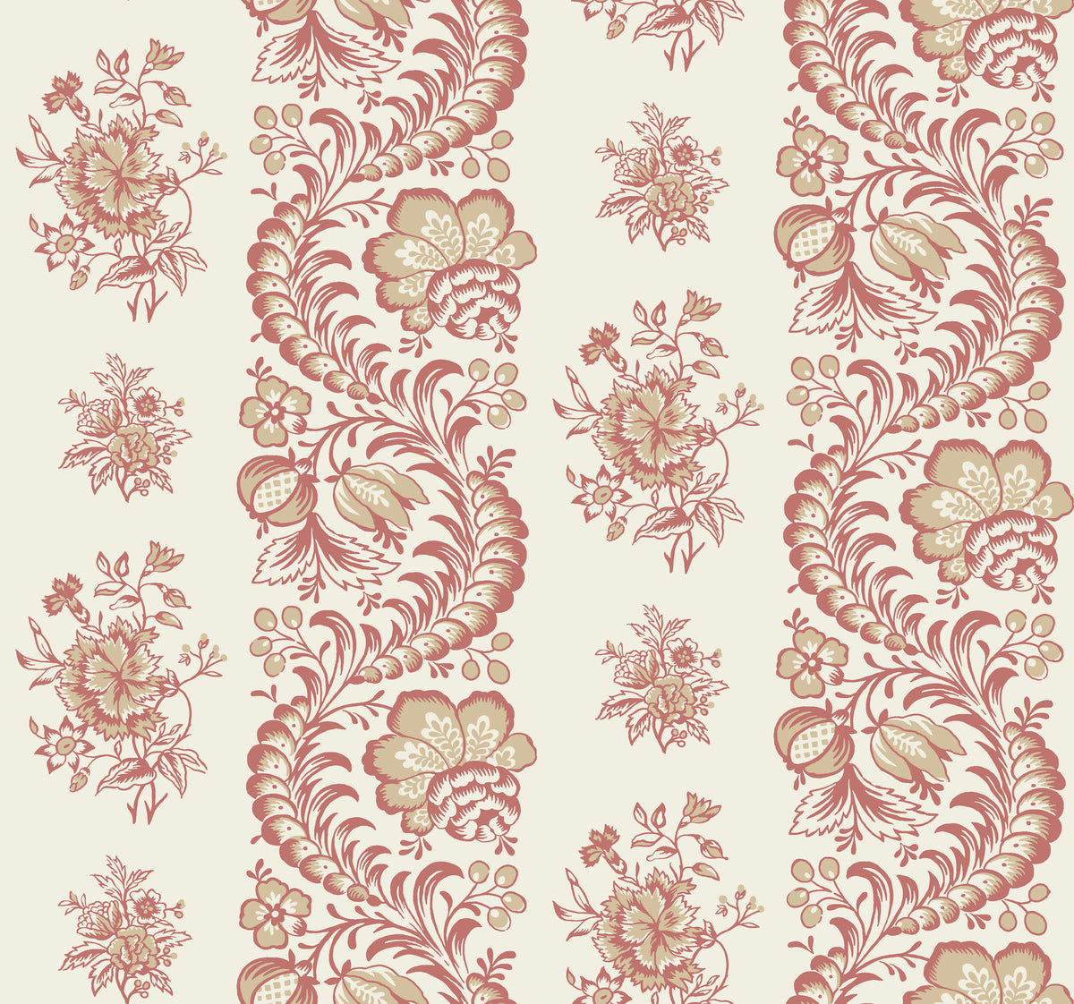 Beaumont Floral Stripe Wallpaper by York Wallcoverings features an elegant, ornamental design with intricate red, beige, and green floral patterns arranged in vertical stripes on a cream background. The vintage-inspired motif repeats seamlessly for a timeless look.