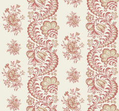 Beaumont Floral Stripe Wallpaper by York Wallcoverings features an elegant, ornamental design with intricate red, beige, and green floral patterns arranged in vertical stripes on a cream background. The vintage-inspired motif repeats seamlessly for a timeless look.