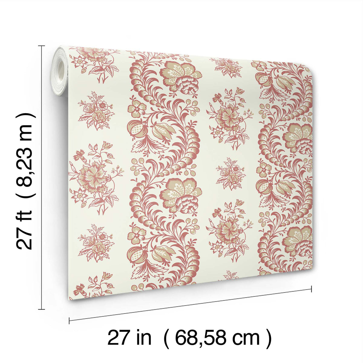 The Beaumont Floral Stripe Wallpaper by York Wallcoverings is displayed on a white background with labeled dimensions, featuring a roll in red and beige floral patterns that measures 27 feet long and 27 inches (68.58 cm) wide.