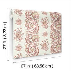 The Beaumont Floral Stripe Wallpaper by York Wallcoverings is displayed on a white background with labeled dimensions, featuring a roll in red and beige floral patterns that measures 27 feet long and 27 inches (68.58 cm) wide.