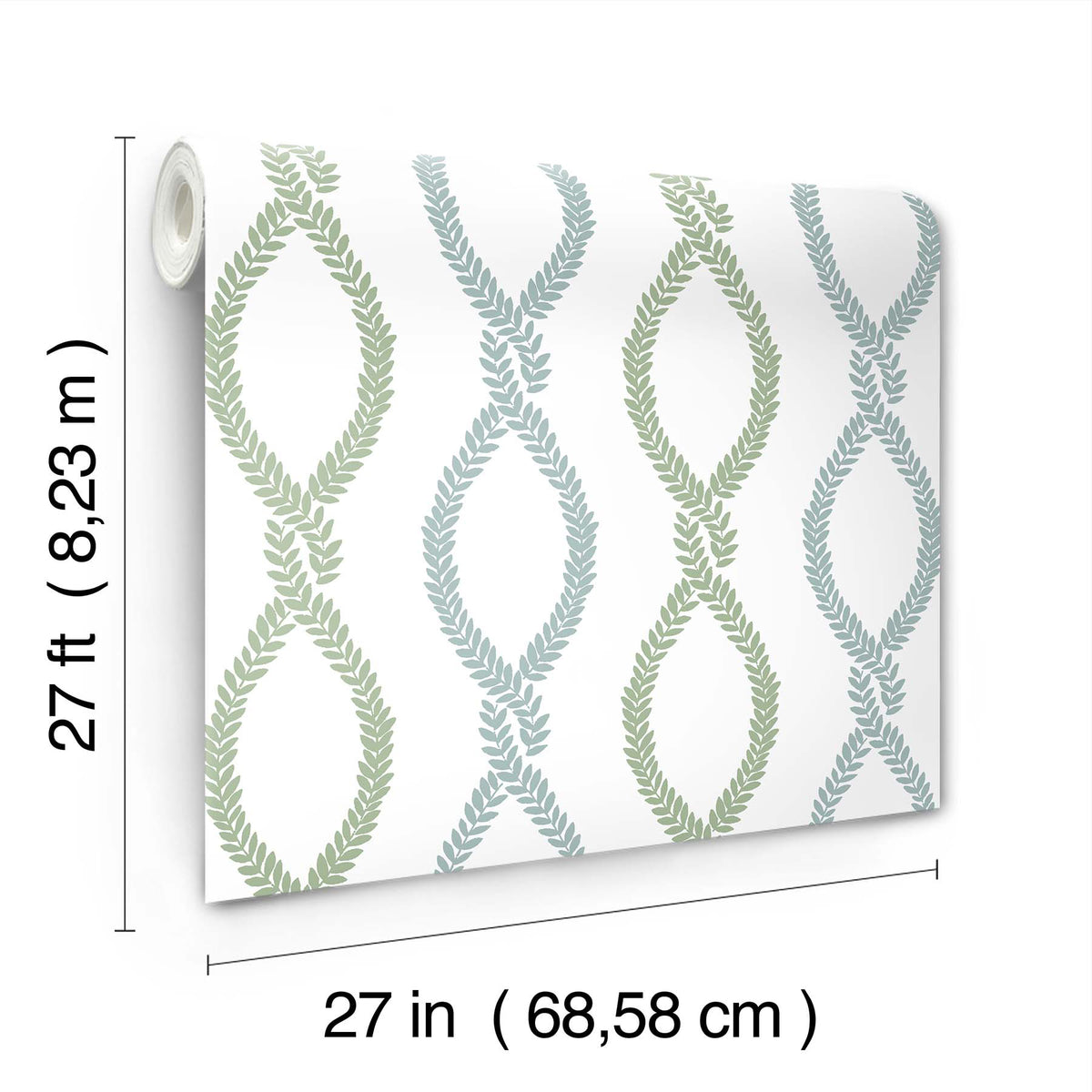 Laureate Vine Trellis Wallpaper by York Wallcoverings features green and blue leafy vine patterns on a white background. Each roll measures 27 feet (8.23 m) in length and 27 inches (68.58 cm) in width.