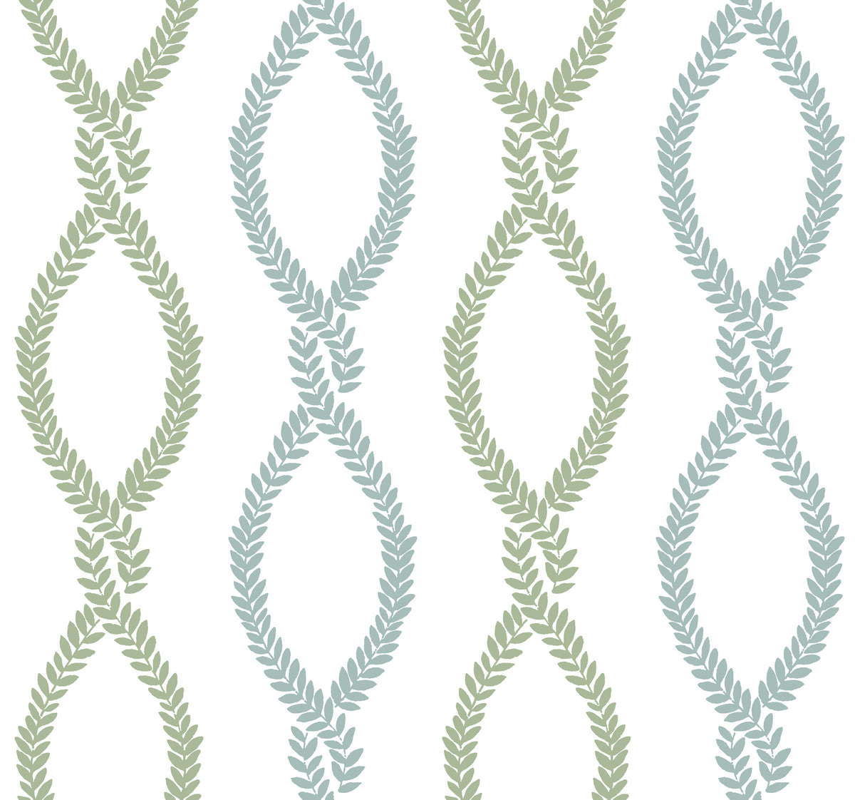 The Laureate Vine Trellis Wallpaper by York Wallcoverings features a pattern of green and blue leaf-like shapes forming vertical, intertwined, symmetrical designs on a white background.