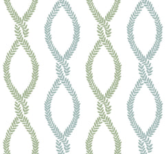 The Laureate Vine Trellis Wallpaper by York Wallcoverings features a pattern of green and blue leaf-like shapes forming vertical, intertwined, symmetrical designs on a white background.