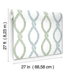 Laureate Vine Trellis Wallpaper by York Wallcoverings features a leafy, vine-like pattern in green and blue vertical stripes. Each roll measures 27 feet (8.23 m) long and 27 inches (68.58 cm) wide.