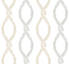 Experience the elegant Laureate Vine Trellis Wallpaper by York Wallcoverings, featuring a seamless vertical pattern of beige and gray leaf garlands intertwined in twisting forms on a crisp white background.