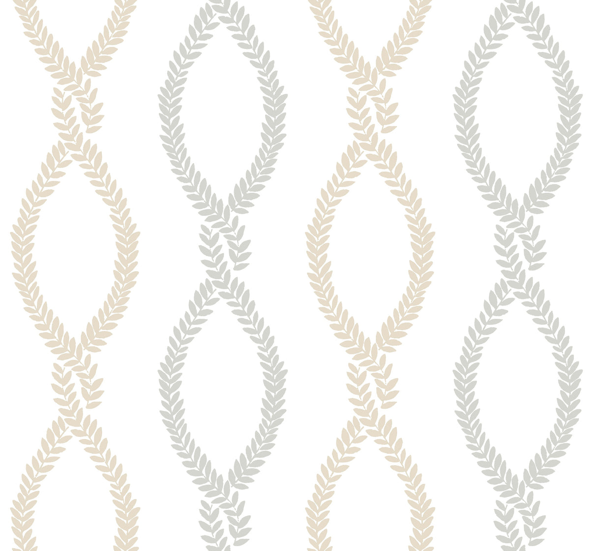 The Laureate Vine Trellis Wallpaper by York Wallcoverings features a repeating pattern of beige and gray leaf-shaped chains forming vertical, intertwined ovals on a white background.
