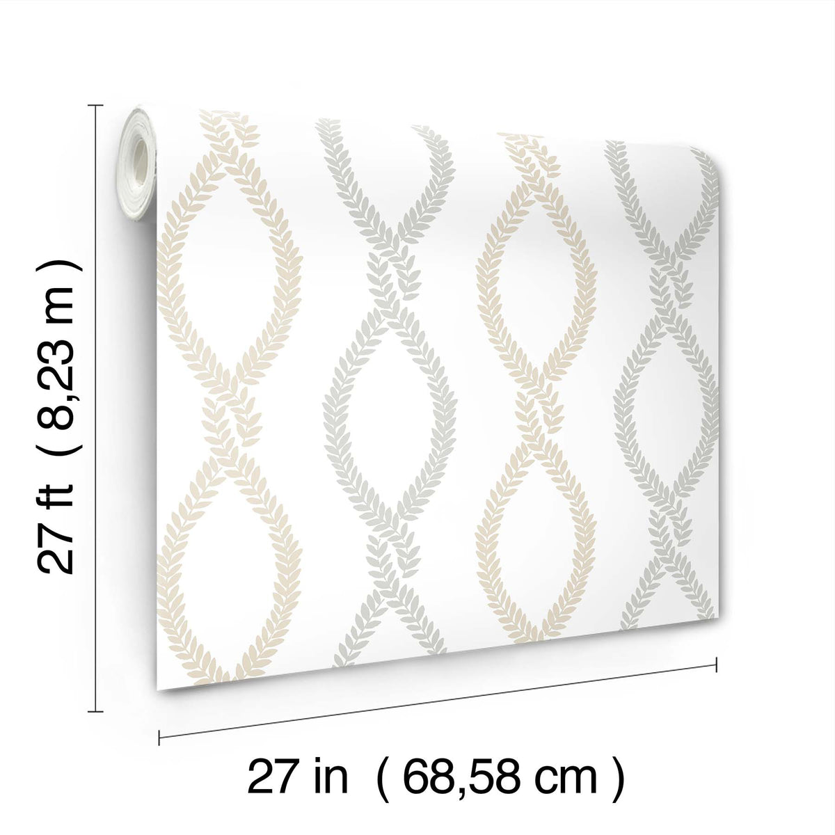 The Laureate Vine Trellis Wallpaper by York Wallcoverings features a beige and gray leaf-patterned design. Each roll measures 27 feet (8.23 m) in length and 27 inches (68.58 cm) in width.