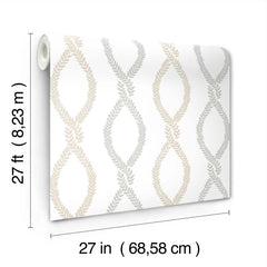 The Laureate Vine Trellis Wallpaper by York Wallcoverings features a beige and gray leaf-patterned design. Each roll measures 27 feet (8.23 m) in length and 27 inches (68.58 cm) in width.