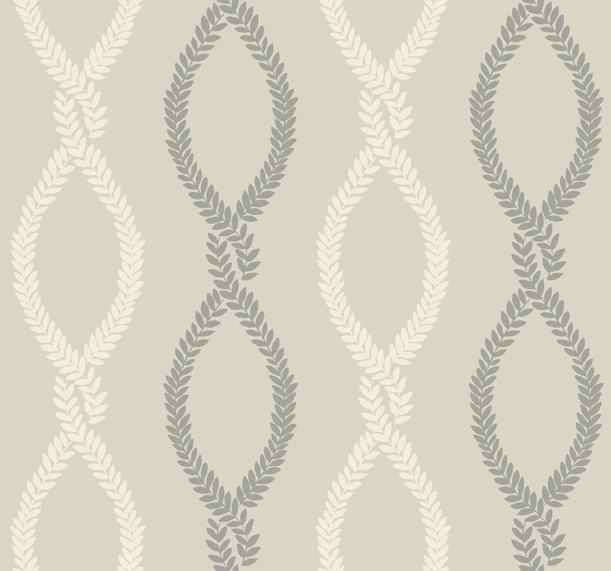 The Laureate Vine Trellis Wallpaper by York Wallcoverings features a seamless pattern of interwoven, leaf-inspired motifs in alternating light beige and gray on a pale background, creating repeating, symmetrical vertical designs.