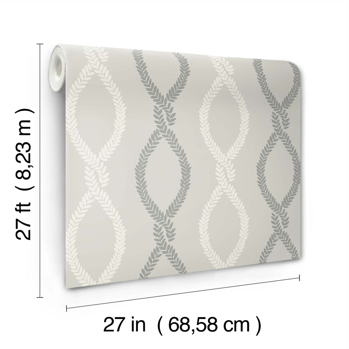 A roll of Laureate Vine Trellis Wallpaper by York Wallcoverings, featuring a gray and white leaf pattern, measuring 27 feet (8.23 m) in length and 27 inches (68.58 cm) in width.