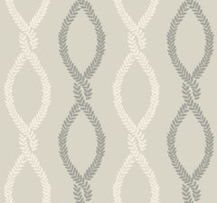 Laureate Vine Trellis Wallpaper by York Wallcoverings features a seamless pattern of interlocking leaf-shaped ovals in alternating light beige and gray on a pale background, creating a symmetrical, repeating design.