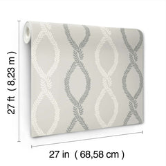 A roll of Laureate Vine Trellis Wallpaper by York Wallcoverings, featuring a gray and white leaf pattern, measuring 27 ft (8.23 m) long and 27 in (68.58 cm) wide, displayed against a white background.