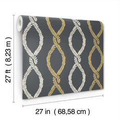 The Laureate Vine Trellis Wallpaper by York Wallcoverings features gold and cream laurel leaf patterns on a dark background and comes in a roll measuring 27 feet (8.23 m) long by 27 inches (68.58 cm) wide.