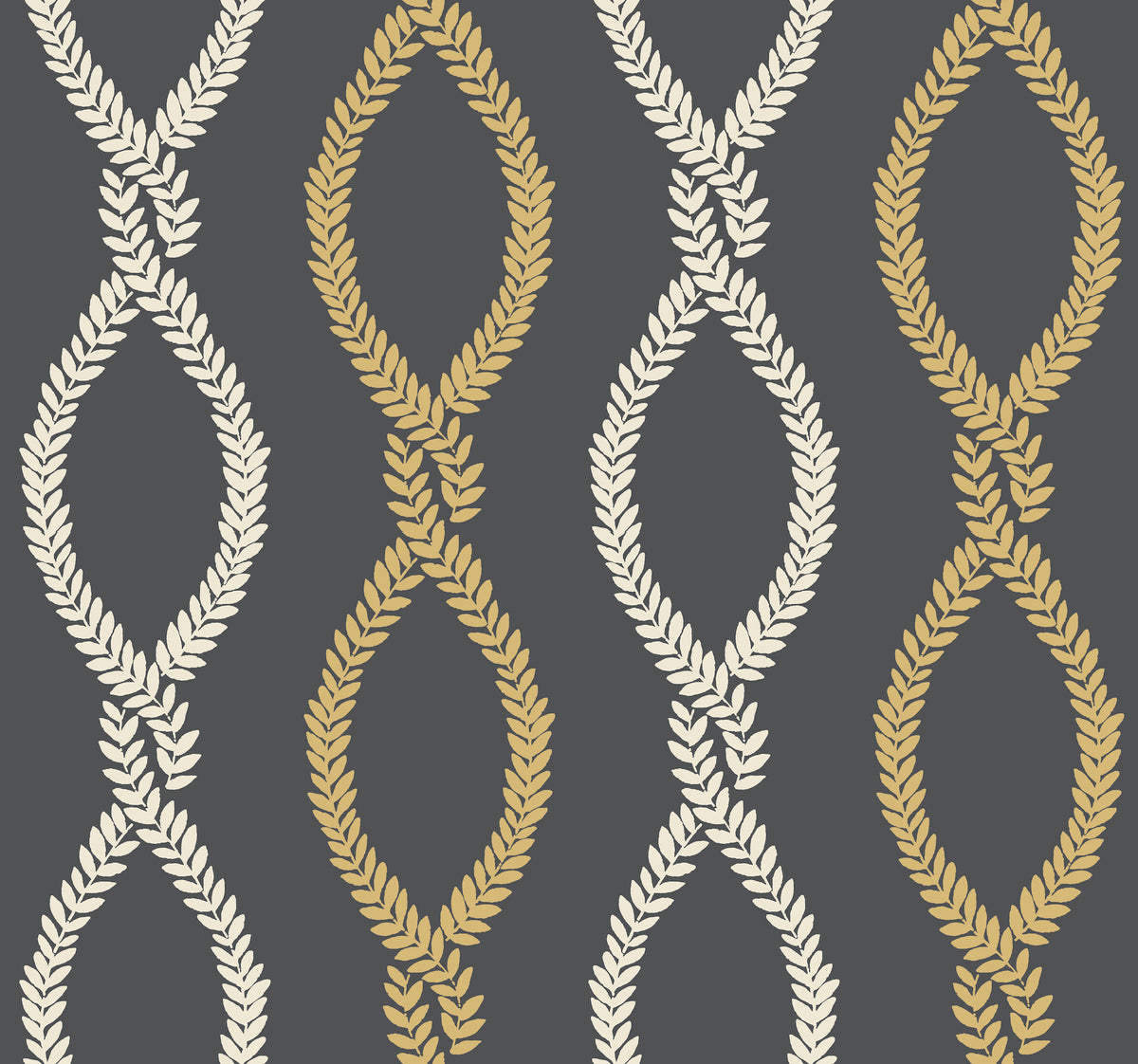 The Laureate Vine Trellis Wallpaper by York Wallcoverings features a seamless pattern of cream and gold laurel leaf chains forming twisting, vertical loops on a dark gray background.