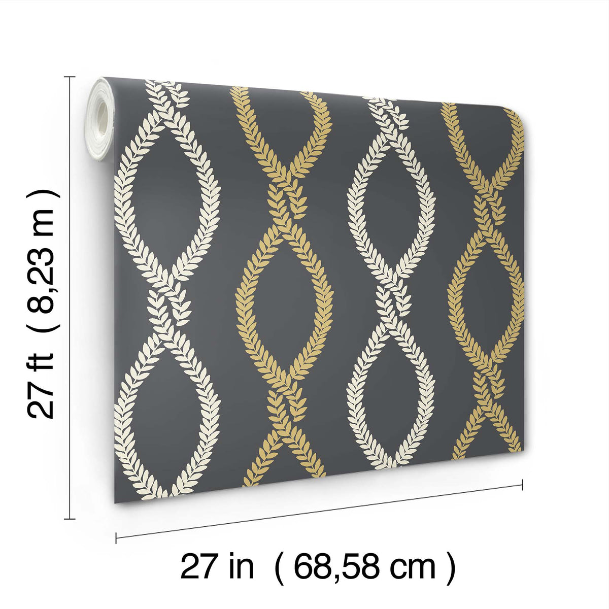 The Laureate Vine Trellis Wallpaper by York Wallcoverings features gold and cream leaf-like patterns on a dark background. Each roll measures 27 feet (8.23 m) in length and 27 inches (68.58 cm) in width.