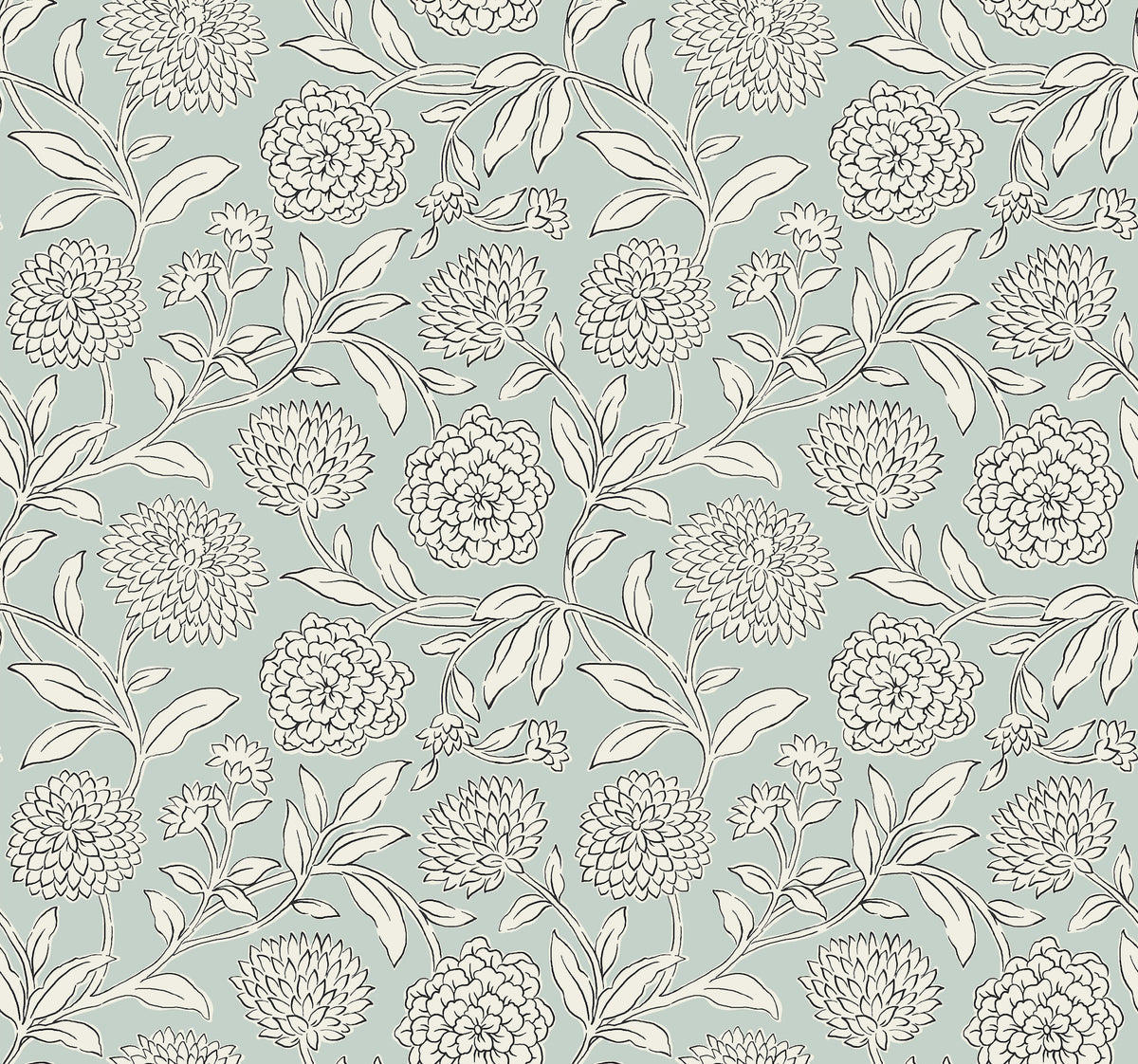 Chatsworth Garden Floral Trail Wallpaper by York Wallcoverings features a seamless pattern of outlined flowers and leaves set against a muted blue-green background. The detailed floral motifs are evenly spaced, lending an elegant and vintage charm to the design.