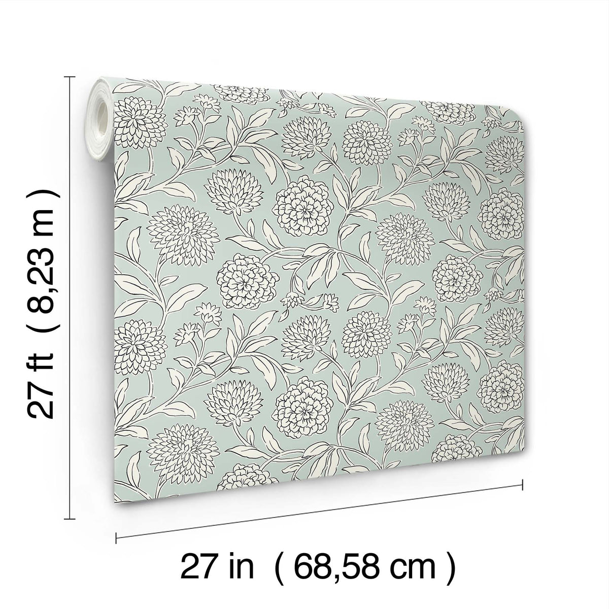 The Chatsworth Garden Floral Trail Wallpaper by York Wallcoverings is shown, featuring a floral pattern. Each roll measures 27 feet long and 27 inches (68.58 cm) wide.