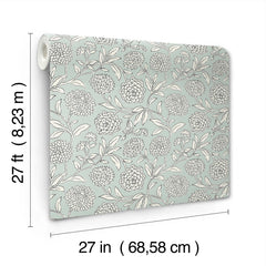 The Chatsworth Garden Floral Trail Wallpaper by York Wallcoverings is shown, featuring a floral pattern. Each roll measures 27 feet long and 27 inches (68.58 cm) wide.