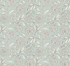 The Chatsworth Garden Floral Trail Wallpaper by York Wallcoverings features a seamless design of outlined flowers and leaves on a muted green background, showcasing various sized blossoms and leafy branches in a vintage, hand-drawn style.
