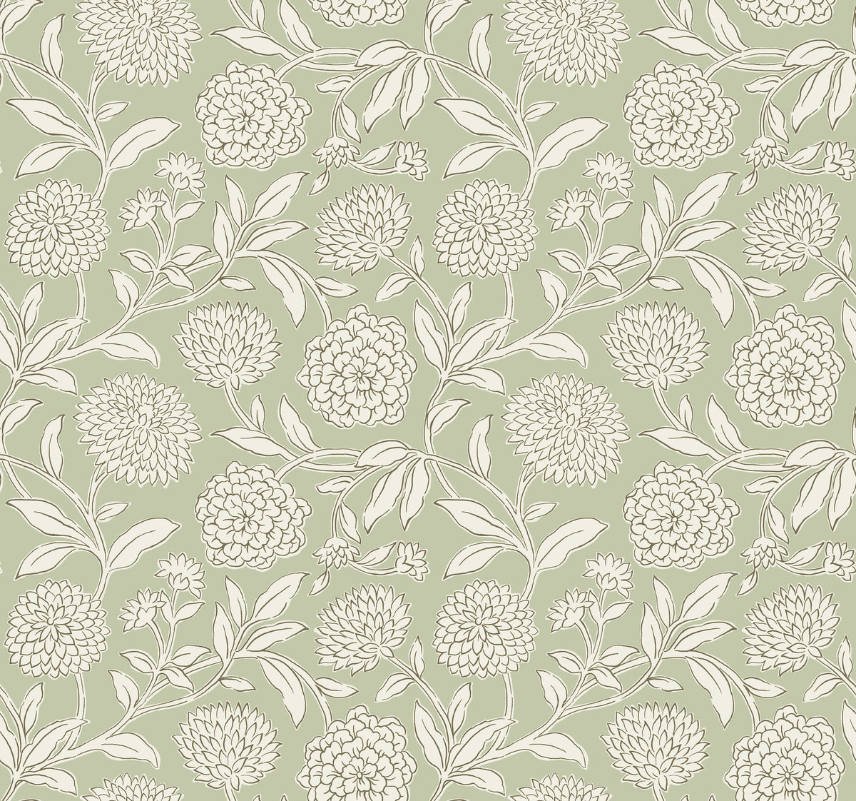 Chatsworth Garden Floral Trail Wallpaper by York Wallcoverings features a seamless floral pattern with white outlined chrysanthemums in various sizes, accompanied by leafy branches, set against a muted green background.