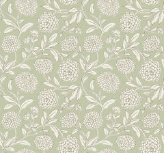 The Chatsworth Garden Floral Trail Wallpaper by York Wallcoverings features a seamless pattern of hand-drawn white flowers and leaves on a muted green background, creating a classic, elegant floral design.
