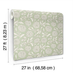 Chatsworth Garden Floral Trail Wallpaper by York Wallcoverings features a pale green background with a white floral pattern. Each roll measures 27 feet (8.23 m) in length and 27 inches (68.58 cm) in width, as indicated by the labeled dimensions in the image.