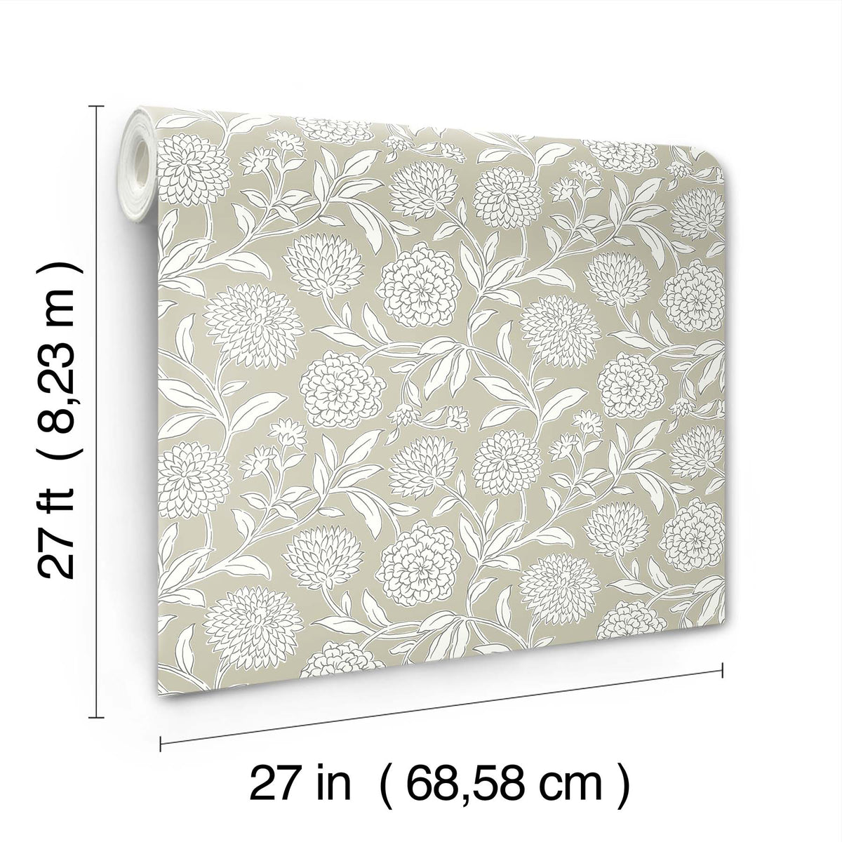 Chatsworth Garden Floral Trail Wallpaper by York Wallcoverings, shown in a beige color with a white floral pattern. The roll measures 27 feet (8.23 m) long and 27 inches (68.58 cm) wide, illustrated with text and measurement lines.