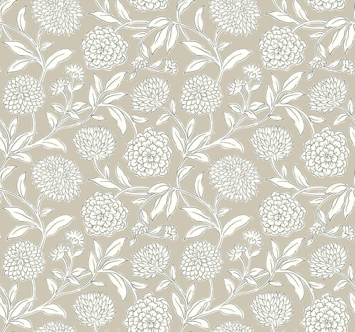 Discover the Chatsworth Garden Floral Trail Wallpaper by York Wallcoverings, featuring a seamless pattern of white outlined flowers and leaves set against a muted beige background. This elegant design showcases various blossoms and foliage evenly spaced for a timeless, classic floral wallpaper aesthetic.