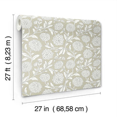 Chatsworth Garden Floral Trail Wallpaper by York Wallcoverings features white floral patterns on a beige background. Each roll measures 27 feet (8.23 m) in length and 27 inches (68.58 cm) in width.