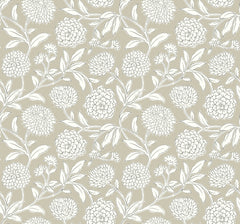 Introducing Chatsworth Garden Floral Trail Wallpaper by York Wallcoverings, featuring a seamless pattern of white outlined flowers and leaves on a light beige background that creates an elegant, repetitive botanical design.
