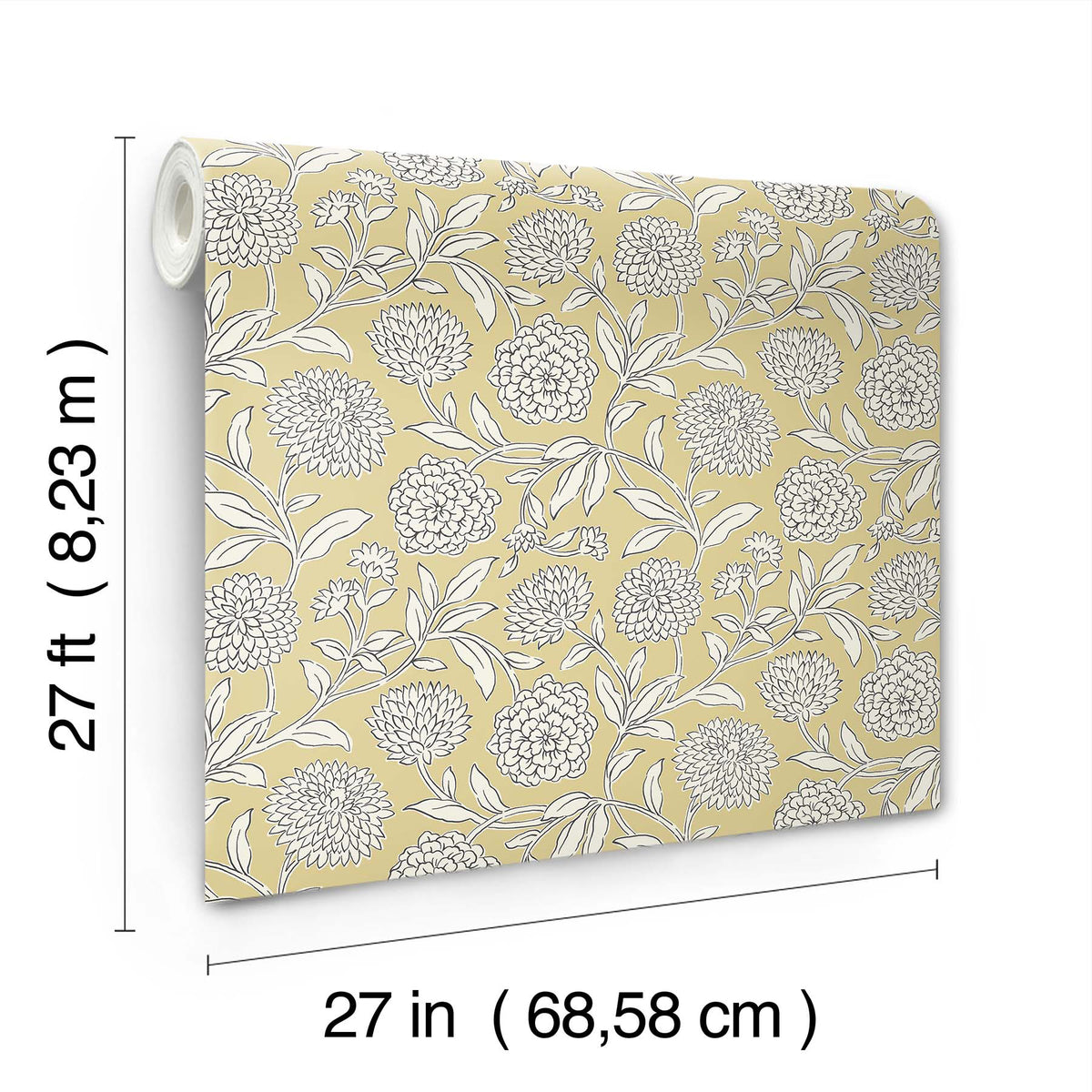 Chatsworth Garden Floral Trail Wallpaper by York Wallcoverings features a yellow background with a white floral pattern and comes in a roll measuring 27 feet (8.23 m) in length and 27 inches (68.58 cm) in width.