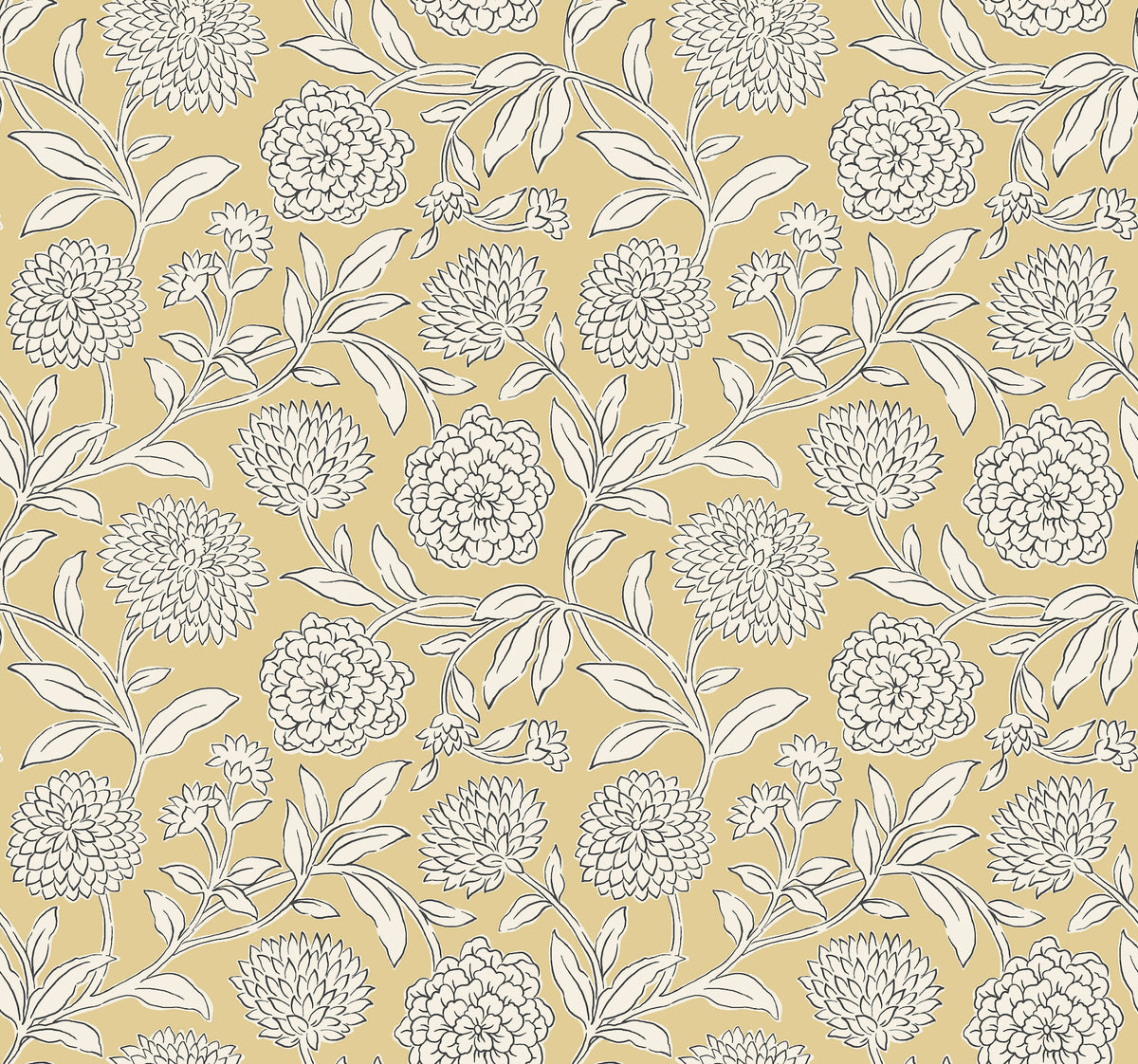 Introducing the Chatsworth Garden Floral Trail Wallpaper by York Wallcoverings, featuring a seamless pattern of white outlined blooming flowers with intricate petals and leafy stems, all arranged in a decorative, repeating style on a mustard yellow background.