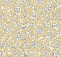 Introducing the Chatsworth Garden Floral Trail Wallpaper by York Wallcoverings, featuring a seamless pattern of white outlined blooming flowers with intricate petals and leafy stems, all arranged in a decorative, repeating style on a mustard yellow background.