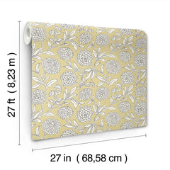 A roll of York Wallcoverings Chatsworth Garden Floral Trail Wallpaper features a beige background with a white floral pattern and measures 27 feet (8.23 meters) in length by 27 inches (68.58 centimeters) in width.