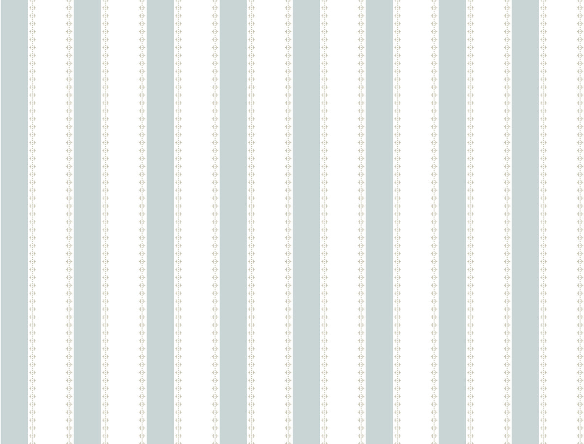 The Tilford Awning Stripe Wallpaper by York Wallcoverings features vertical pale blue stripes alternating with thinner white stripes adorned with small, repeating gray flower motifs, resulting in a soft and delicate pattern evocative of vintage wallpaper or fabric.
