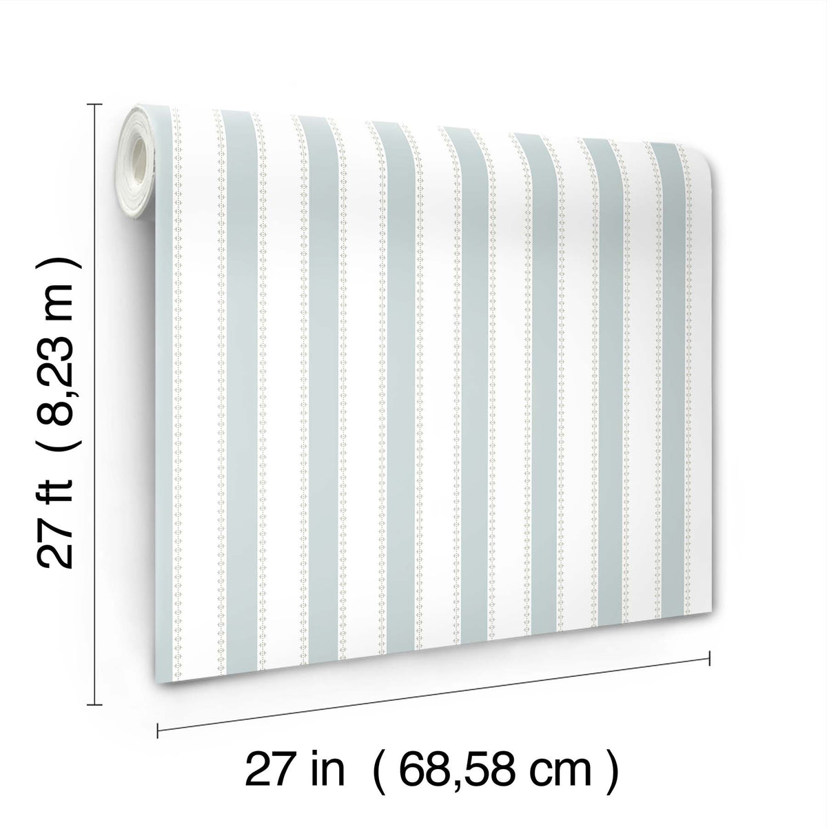 The Tilford Awning Stripe Wallpaper by York Wallcoverings features vertical blue and white stripes and comes in a roll measuring 27 feet (8.23 m) long and 27 inches (68.58 cm) wide.
