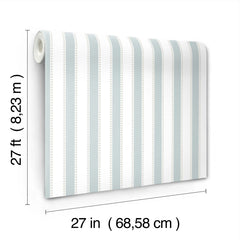Tilford Awning Stripe Wallpaper by York Wallcoverings features vertical blue and white stripes and comes in a roll measuring 27 feet (8.23 meters) in length and 27 inches (68.58 centimeters) in width, with measurements provided in both imperial and metric units.