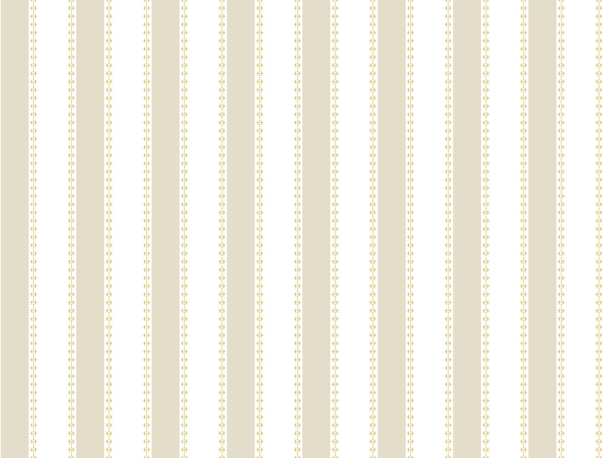 Tilford Awning Stripe Wallpaper by York Wallcoverings features vertical beige and white stripes accented with slender lines of small beige floral motifs, creating a delicate and classic pattern.