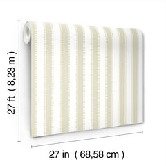 The Tilford Awning Stripe Wallpaper by York Wallcoverings is displayed, featuring beige and white vertical stripes and measuring 27 feet (8.23 m) in length and 27 inches (68.58 cm) in width.