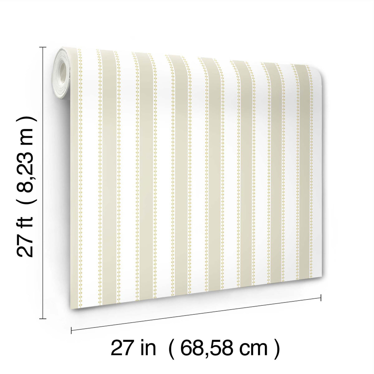The Tilford Awning Stripe Wallpaper by York Wallcoverings features vertical beige and white stripes and comes in a roll measuring 27 feet (8.23 meters) long and 27 inches (68.58 cm) wide.