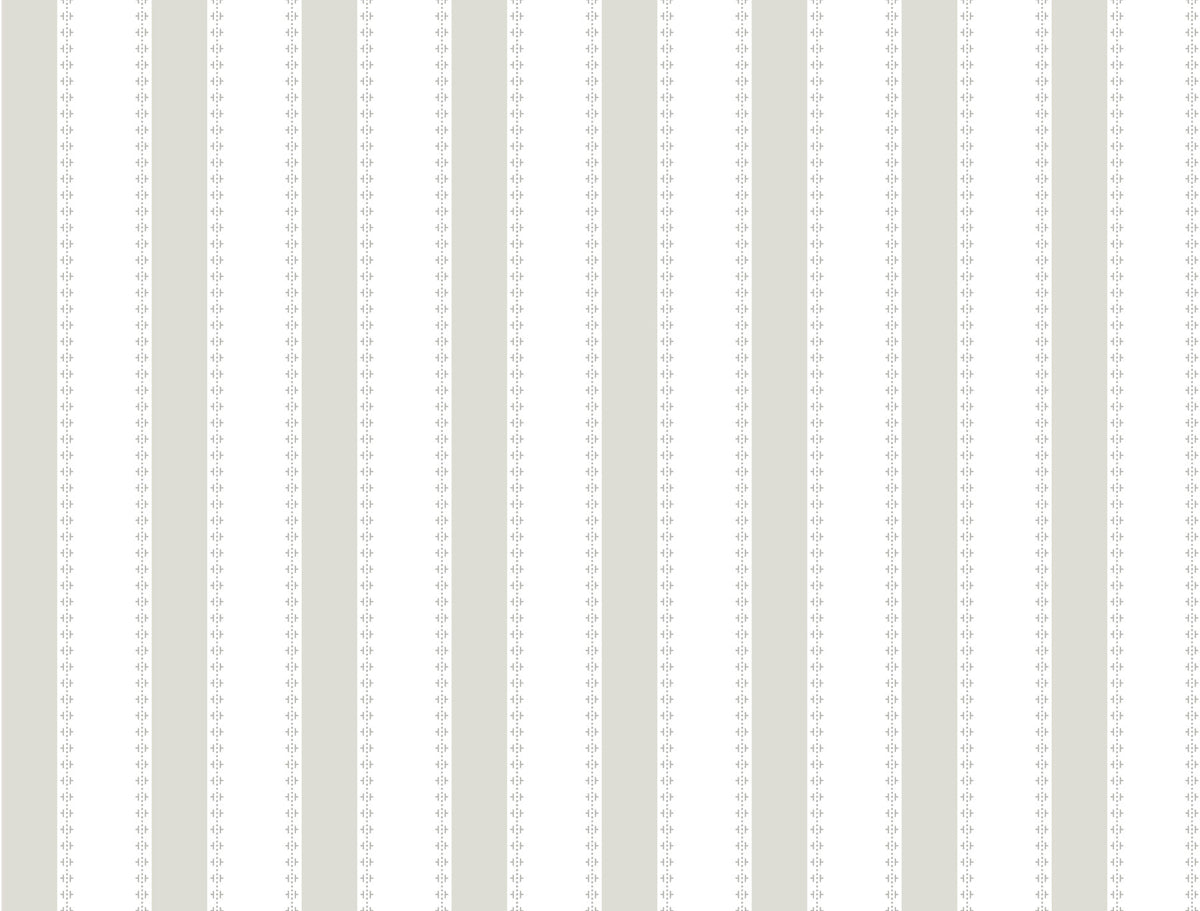 Tilford Awning Stripe Wallpaper by York Wallcoverings features a repetitive and symmetrical pattern of vertical stripes, alternating wide light gray bands with narrower white stripes. Within the white stripes, small circular motifs are evenly arranged in uniform rows.